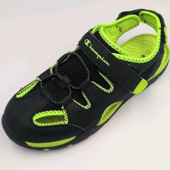 Champion Boys Kids Sandals Shoes Black/Neon Green Strap Closed Toe Size 5 Youth - Picture 3 of 16